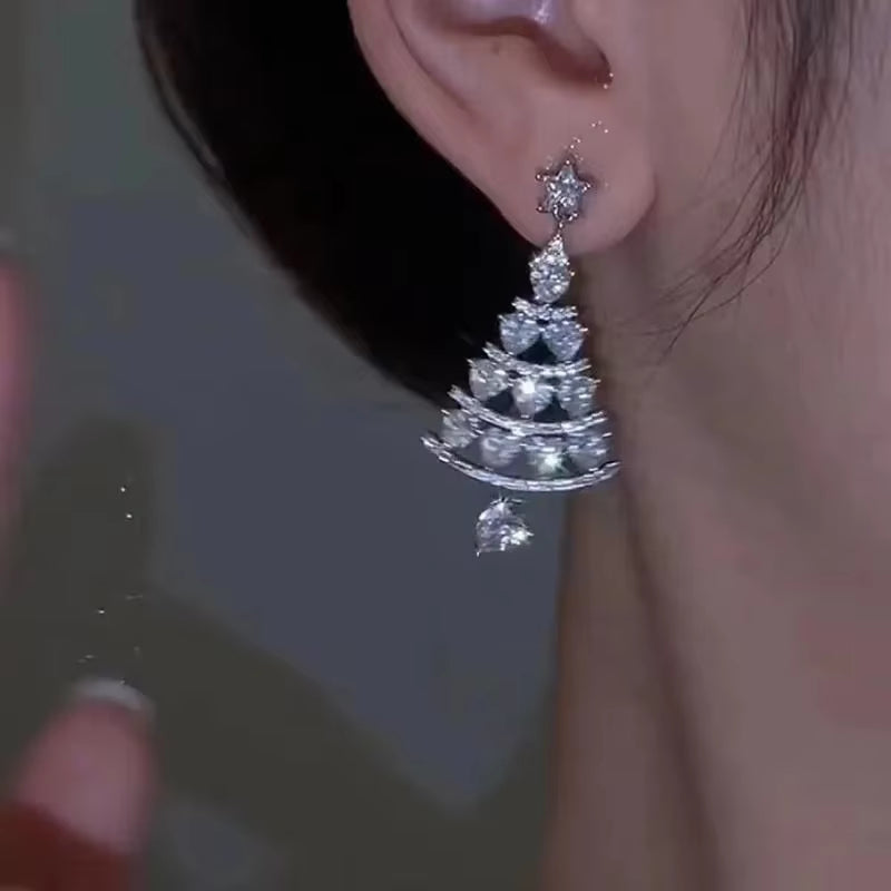 Starlit Glamour – 2025 Christmas Tree Crystal Earrings in Gold & Silver